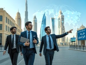 Pakistani IT professionals entering Gulf markets with Dubai skyline in background, symbolizing Pakistan’s digital expansion.