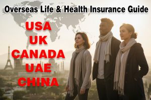 Expat buying health insurance online on laptop Pakistani family with insurance card in USA hospital Comparison chart of health insurance plans for expats 2025