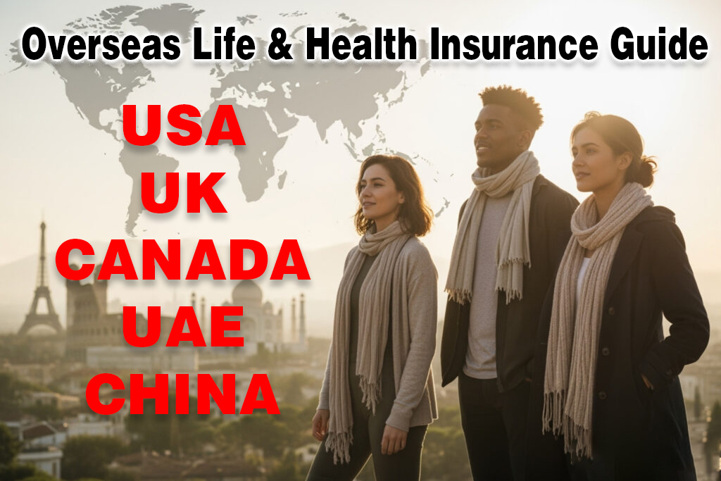 Expat buying health insurance online on laptop Pakistani family with insurance card in USA hospital Comparison chart of health insurance plans for expats 2025