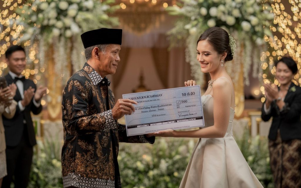 74-year-old Indonesian groom giving a ceremonial check to his 24-year-old bride at a luxury wedding in East Java.