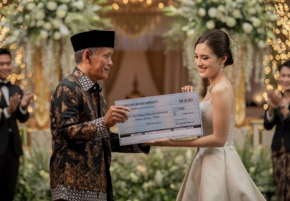 74-year-old Indonesian groom giving a ceremonial check to his 24-year-old bride at a luxury wedding in East Java.