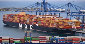 Giant container ship MSC Erica docked at Karachi Port terminal.
