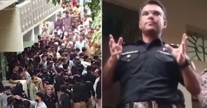 Karachi SSP Sanghaar Malik addressing and calming down an enraged crowd to maintain peace