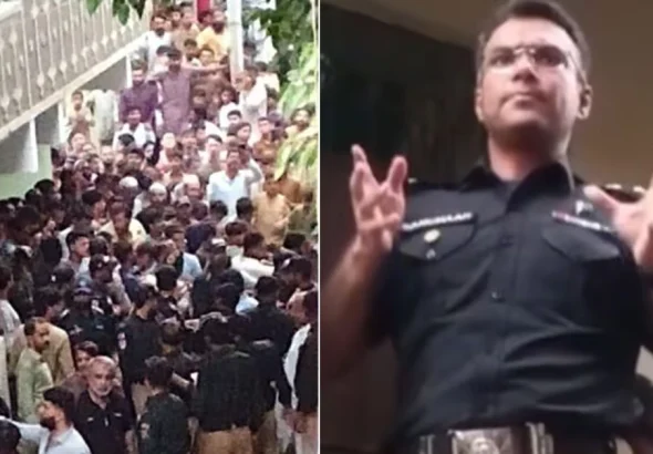 Karachi SSP Sanghaar Malik addressing and calming down an enraged crowd to maintain peace